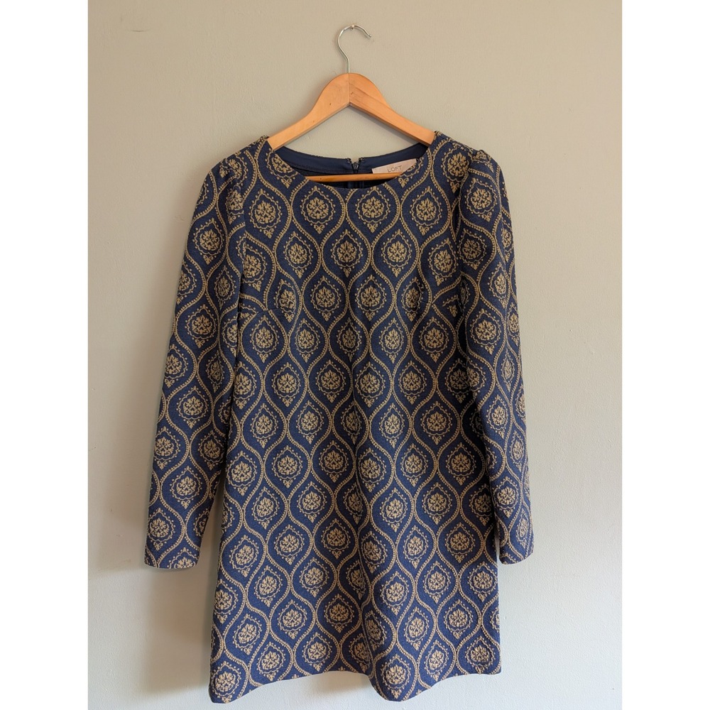 LOFT Navy Blue Gold Damask Jacquard Long Sleeve Shift Dress 485094